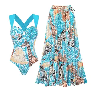 FLAXMAKER Women's Tropical Animal Print Color Block One-Piece Swimsuit with  Matching Cover Skirt Set Swimdress Stylish Beachwear Bathing Suit