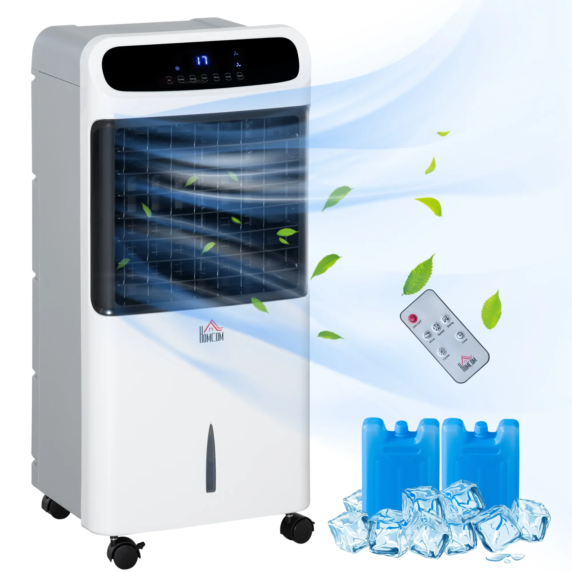 HOMCOM 32" Evaporative Air Cooler with 3.2 Gal Water Tank, 3-in-1 Ice Cooling Fan, Portable Swamp Cooler with 60° Oscillation, Humidifier, Remote for Home Office, 3 Modes, 3 Speeds, 12H Timer, White