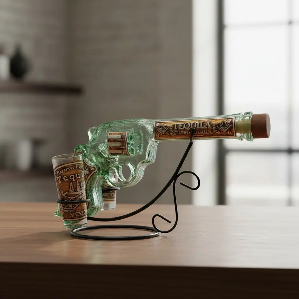 Mexican Revolver Tequila Decanter Set | Glass Gun with Shot Glasses