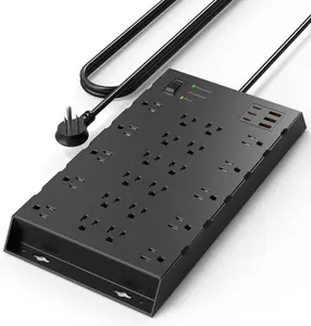 22 Outlets & 6 USB Big Power Strip,  Surge Protector with 3USB C & 3USB A  Ports, 6.5ft Flat Plug Heavy Duty Extension Cord(1875W/15A)2100J, 14AWG,Wall Mountable for Garden,Shed, Black