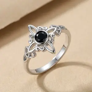 Vintage S925 Sterling Silver Black Stone Witchcraft Ring – Celtic Flower Design, Adjustable Gift Jewelry for Women