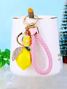 Crystal Rhinestone Studded Little Lemon Keychain Fruit Pendant Lemon Shape Bag Charm Braided Strap Lemon Slice Lemon Keyring Purse Citrus Charms Lemon Themed Key Chain Accessory  Jewelry Gift for Car Keys,Bags,Phones,Backpack,Handbags Key Fob Decoration