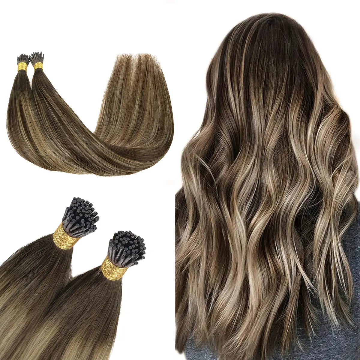 GOO GOO I Tip Pre-Bonded Human Hair Extensions - 50g 100 Strands, Glueless Silky Straight, Heat-Free Comfy Wear, Salon-Quality Remy Volumizing Pieces, Available in t1b/6p1b Nature Black Balayage, t2/6p2Dark Brown Balayage, 1b Nature Black