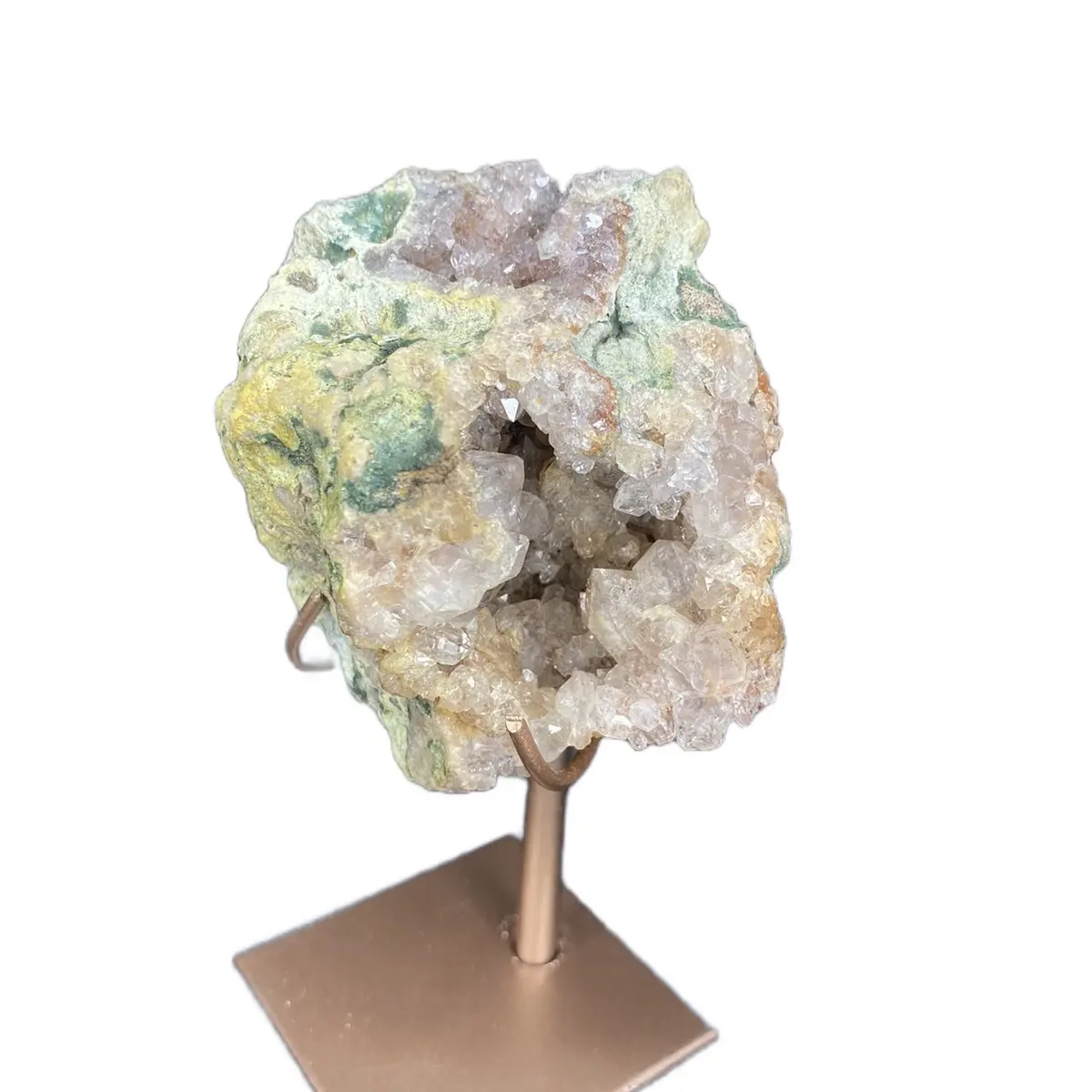 Pink Amethyst geodes from Brazil comes with rose gold metal stand, crystal collection, ideal gift for any lover of crystals and gemstones.