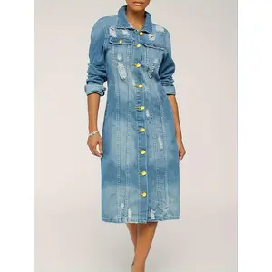 Women's Long Sleeve Trendy Long Denim Jacket Coat For Women Distressed Worn Holes Faded Wash Perfect jacket for women jackets  for