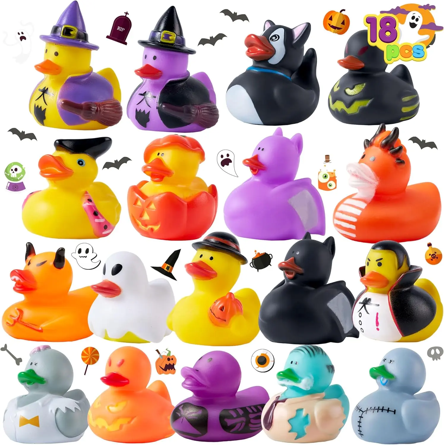 Cozy Fall Gifts 18 PCS Halloween Rubber Ducks, Halloween Ducks for Halloween Goodie Bag Fillers, Rubber Duckies Baby Bath Toys for Halloween Party Favors Decorations, School Classroom Game Prizes