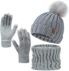 Premium Winter Beanie Hat Scarf Gloves Combo – 3PCS Unisex Cold Weather Set with Double-Layer Brim and Touchscreen Gloves, Comfortable Stretch Knit for Daily Outdoor Use, Ideal Seasonal Gift for Family & Friends
