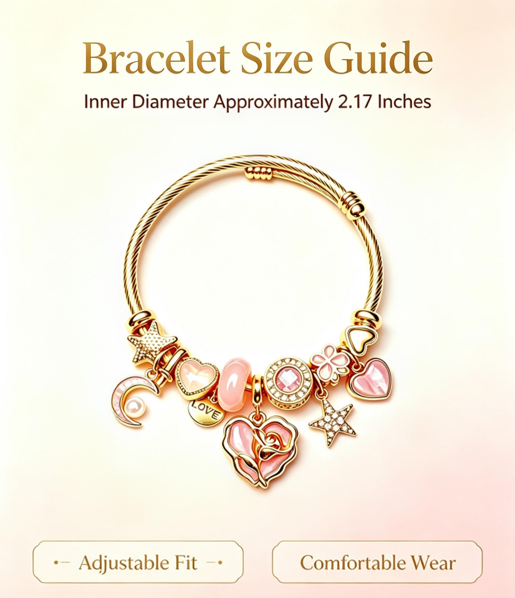 Women's Pink Rose Heart Charm Bangle - Gold Twist Cable Wire Open Cuff Bracelet with Moon, Star, 4-Leaf Clover Dangle Charms, Fashion Costume Jewelry Gift