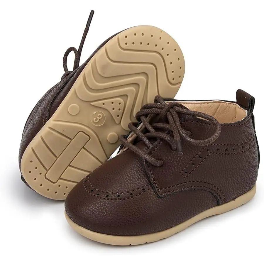 Brogue Oxford Toddler Flats for Baby Boys & Girls, PU Leather Lace-Up Dress Shoes with Soft Rubber Sole, Formal First Walkers