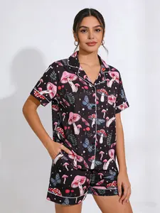 Women's Sleepwear Loungewear Pajama Set, Plant Butterfly Mushroom Print, Short Sleeve Shorts Fitted, Spring Summer Fall, Casual Home Wear, All Seasons