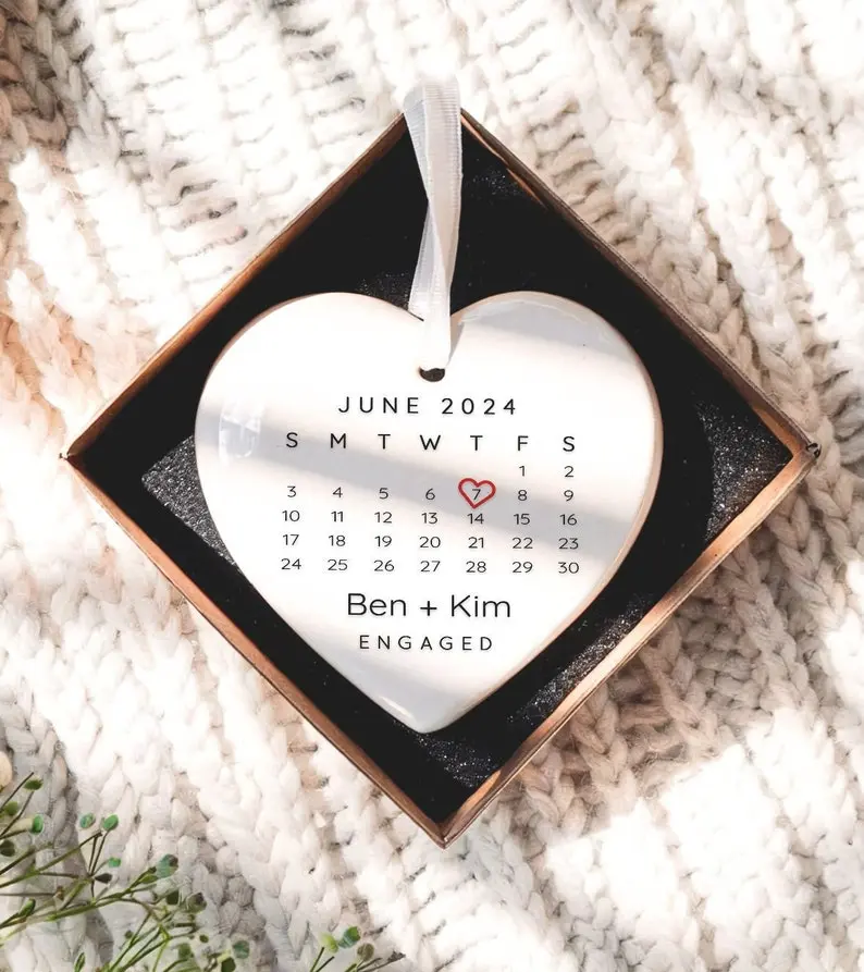 Engaged Ornament, Custom Names & Date, Keepsake Christmas, Perfect Engaged Gift For Couple Engagement Heart Ornament Round Ornament