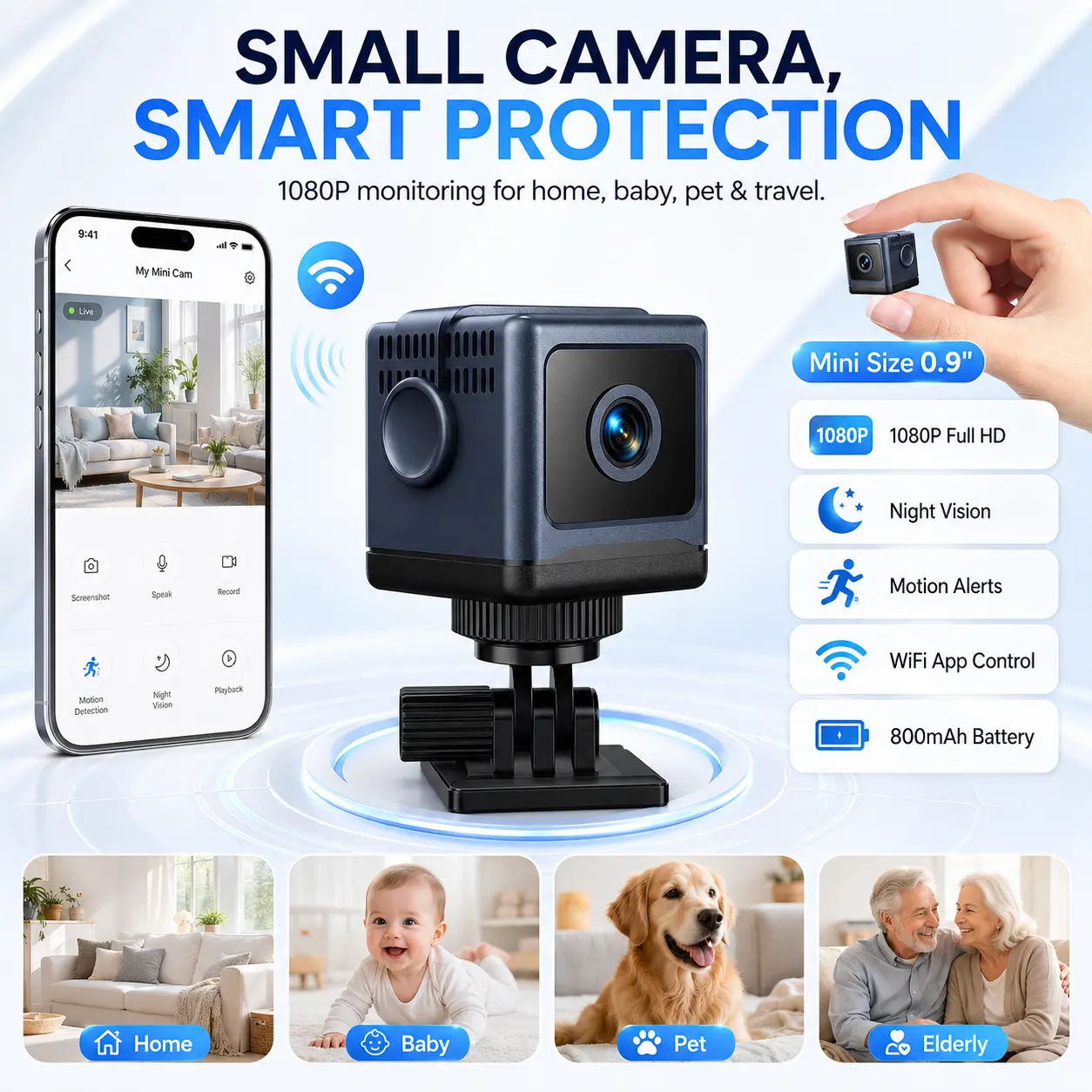 Mini WiFi Security Camera, 1080P HD Night Vision Wireless Tiny Camera, Bluetooth Quick Connect Home Surveillance Cam with Motion Detection Baby Cry Alert, Loop Recording Built-in Battery Magnetic Mount Nanny Cam for Indoor Home Pet Monitoring