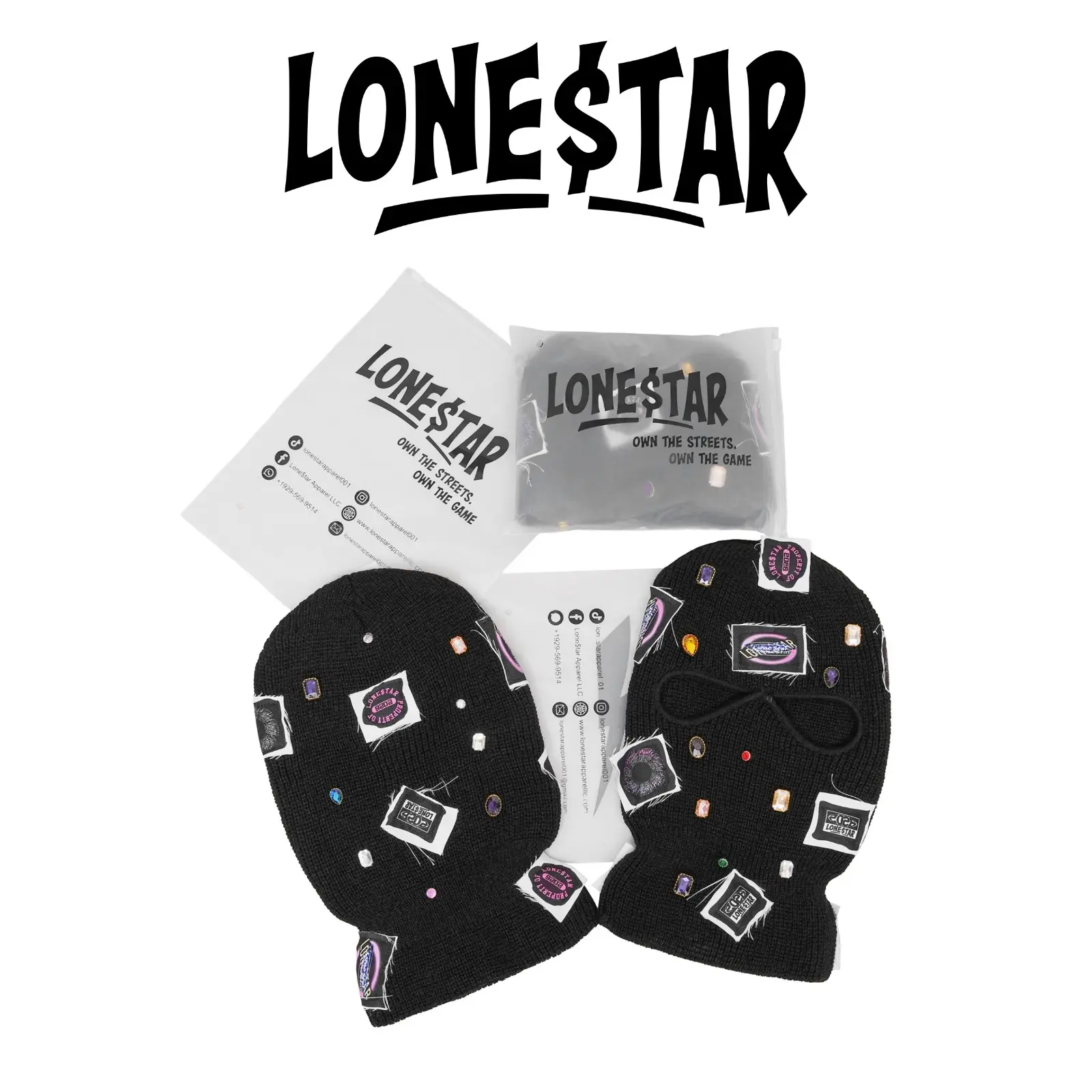 Lone$tar “Gems & Patches” Designer Black Knit Balaclava
