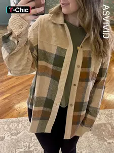 Women's Casual Brushed Plaid Corduroy Patchwork Shirt Jacket, Long Sleeve Design Shacket Coats, Button Front, All Seasons Wear Womenswear