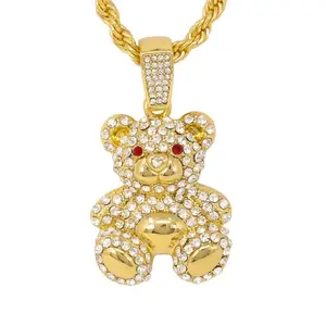 Iced Medium Teddy Bear Pendant with 4mm Rope Chain 24"