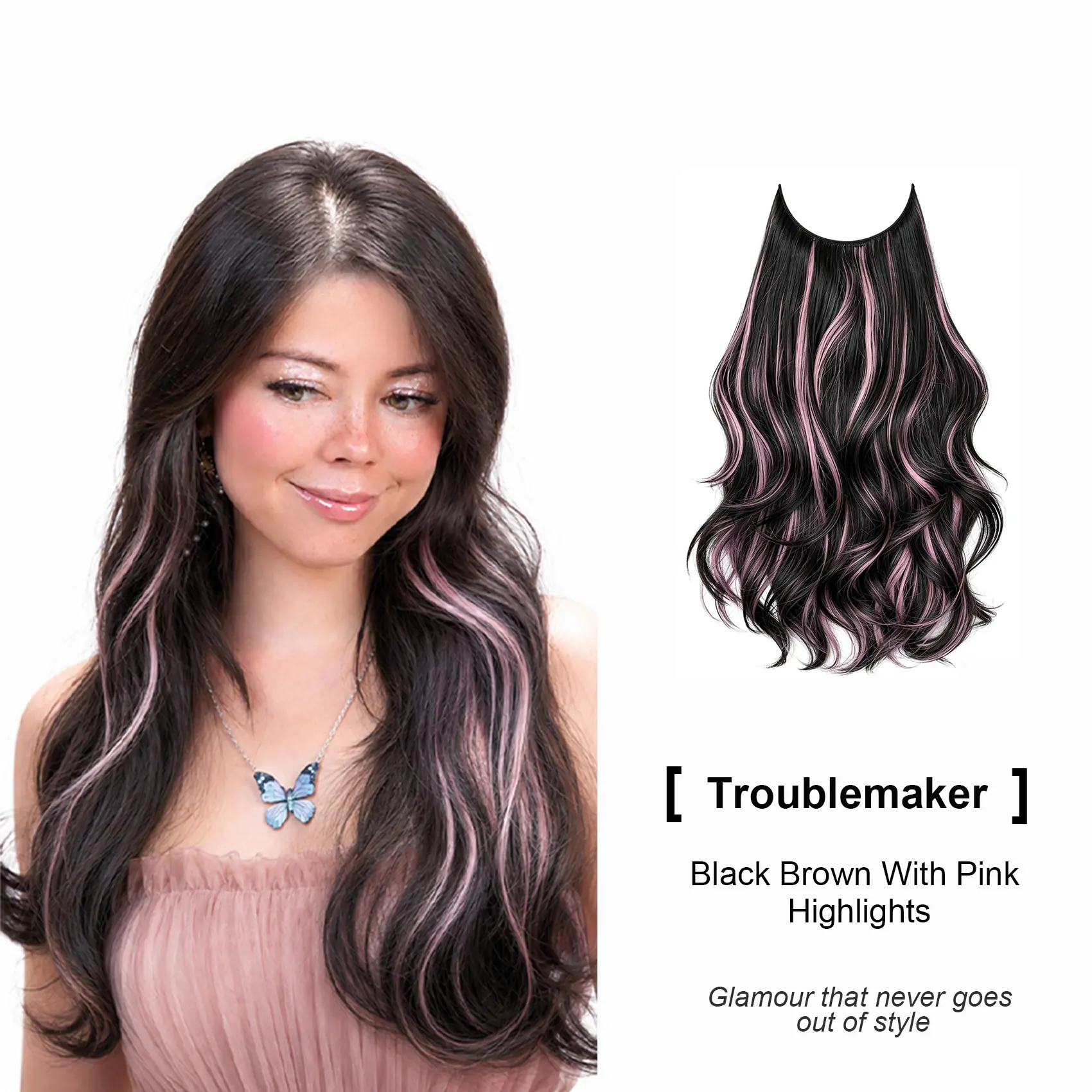 Amara Synthetic Hair Extensions, [Troublemaker]-Qbeauty 20in Invisible Layered Clip-In, Black Brown With Pink Highlights