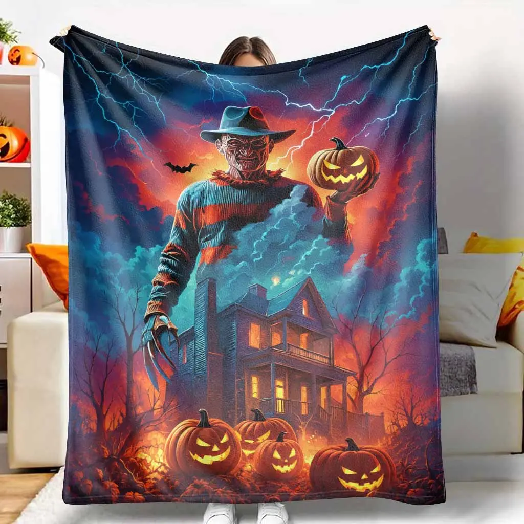 Halloween Haunted House Flannel Fabric Blanket, Pumpkin Lantern Print, Soft Weave, Cozy Warmth Multi-Size Throw Blanket for Bedroom, Holiday Party Gift, Room Decor