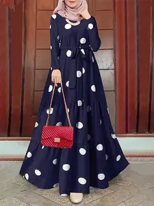 Women's Polka Dot Print Keyhole Back Ruffle Hem Belted Dress without Hijab, Modesty Casual Long Sleeve Cut Out Round Neck A Line Maxi Dress for Spring & Fall, Ladies Clothes for Daily Vacation Outdoor