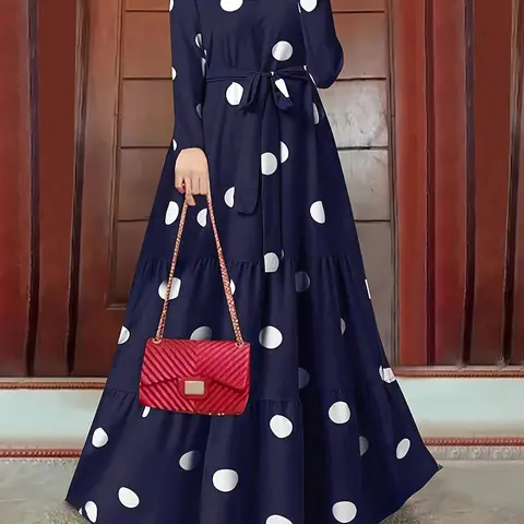 Women's Long Sleeve Polka Dot Maxi Dress, Muslim Dresses, Casual Fitted Cut Out Design, Spring & Fall Fashion, Elegant Robe Style