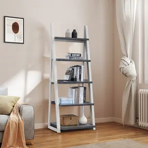 5-Tier Solid Wood Frame Ladder Bookshelf Storage Rack, Sturdy Construction Anti-Shake Space-Saving Design, Large Capacity Classified Storage, Modern Sleek Multipurpose Ladder Shelf, Quick Easy Assembly for Living Room Home Office Kitchen Bedroom Apartment