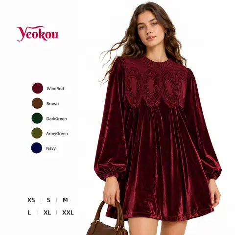Yeokou Womens A-Line Velvet Lace Overall Pleated Babydoll Mini Dress Casual Scallop Neck Flared Swing Dress
