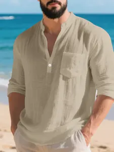 Men's Vintage Linen Shirt, Long Sleeve Button Front Design, Casual Comfortable Fabric, Chest Pocket Detail, Perfect for Daily Wear