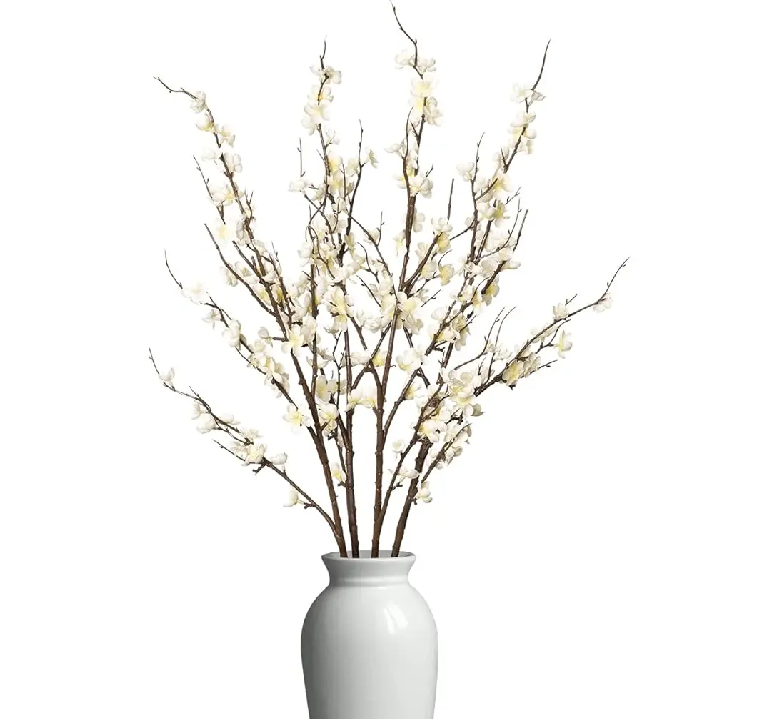 White Artificial Cherry Blossom Branches with Long Stems - Home Decor for Wedding, Table Centerpieces, Indoor Spaces (Home Supplies, Decorative Flowers) daisy romantic room bouquet rose light maintenance leaf porch patio garden decor modern simple style