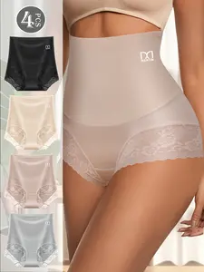 4PCS Women’s High-Waisted Lace Trim Panty Set, Soft Stretchable Breathable Full-Coverage Brief Underwear, Tummy Control Comfortable Lingerie for Daily Wear, Work, Travel, Sleep & Lounge