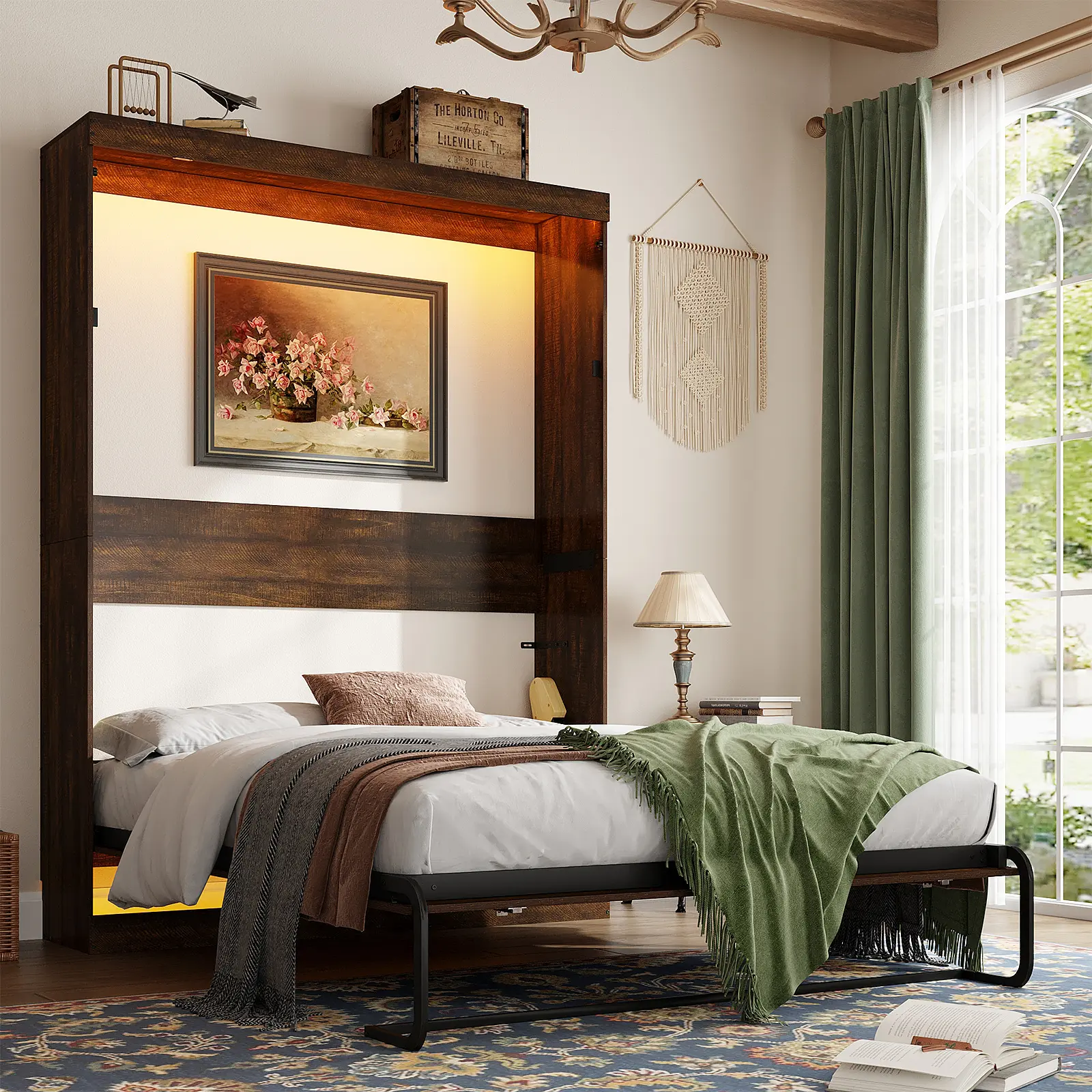 Farmhouse Murphy Storage Bed - Full/Queen Size, Sturdy Wood Frame, Dual LED Lights, Space-Saving Fold-Down Wall Cabinet, Gas-Lift Supports, Open Storage, No Box Spring Needed, Assembly Required