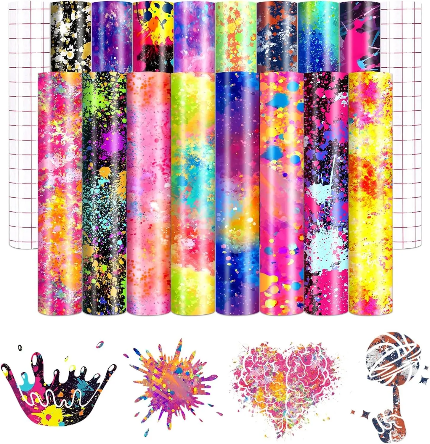 16pcs 12'' x 10'' Paint Splatter Patterned Permanent Adhesive Vinyl, Vibrant Color Waterproof Easy Cut & Weed, Long Lasting Perfect for DIY Crafts