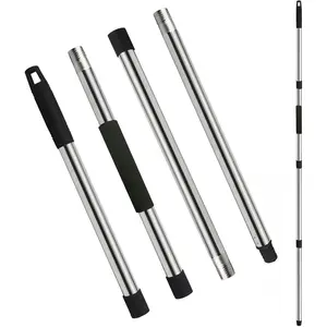 Mop Handle Replacement - 4-Section Adjustable from 30" to 58" - Durable Stainless Steel Mop Pole with American Thread Joint for Spin Mops & Brooms (Black)