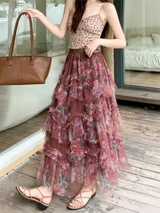 Elegant Floral Mesh Skirt, High-Waisted Loose Fit Long Dress, Summer & Spring New Arrival, Perfect for Parties and Weddings