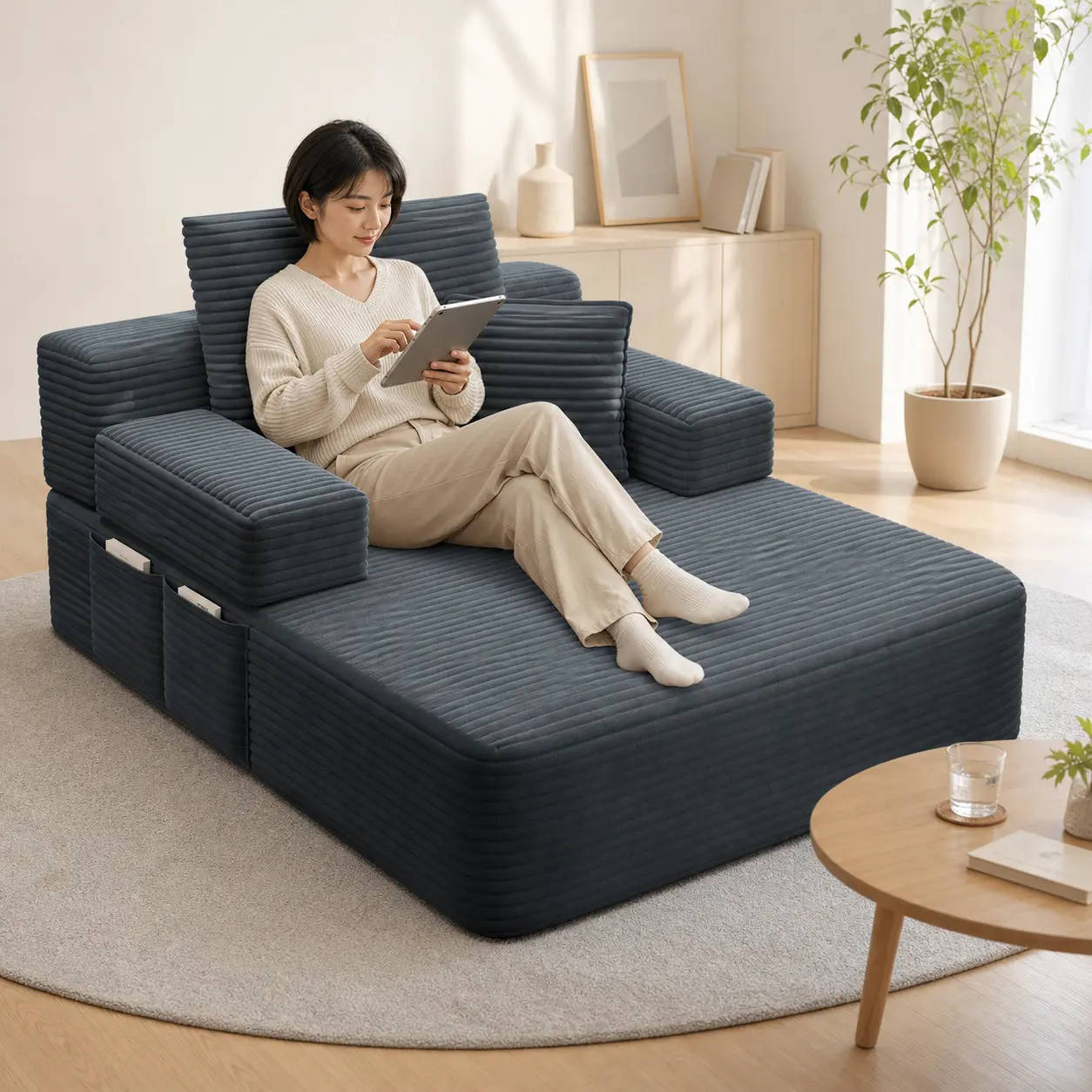 60.2-Inch Oversized Convertible Chaise Lounge Sofa - Dark Gray Corduroy Fabric, Frameless Sofa Bed Design, 3 Pillows, Built-In Side Pockets, Wide Armrests, Cozy Reading and Sleeping Seat for Small Spaces