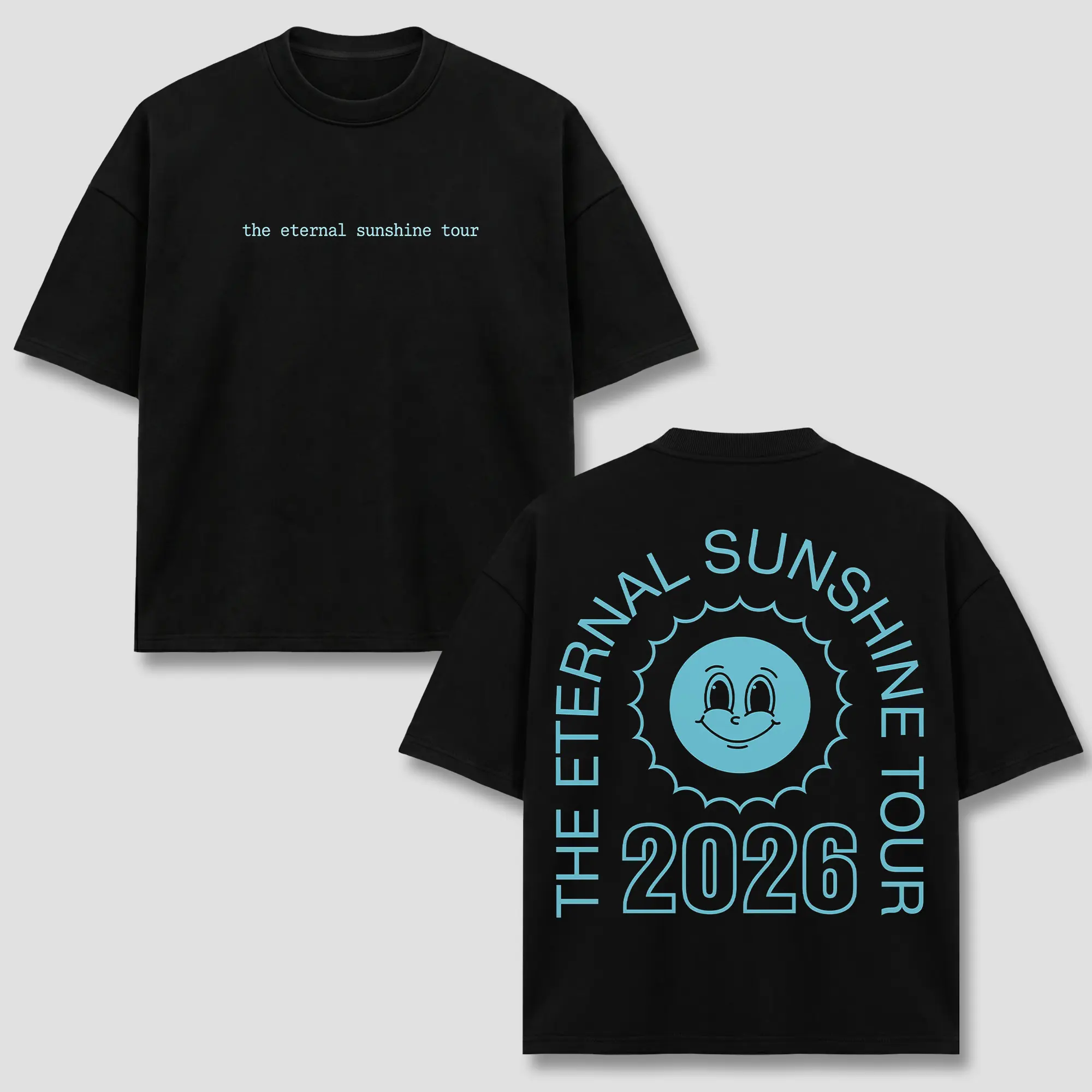Ari Grande T-Shirt, The Eternal Sunshine Tour 2026 Light Blue Smiling Sun Character Back Print Graphic Apparel, Pop Star Album Concert Merch, Minimalist Streetwear Fan Gift, Men Women Heavyweight Oversized Black Tee,