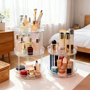 Luxury Rotating Countertop Storage Rack, Plastic Bathroom Organizer, 360 Degree Rotating Makeup Stand, Suitable for Cosmetics Perfume Skincare