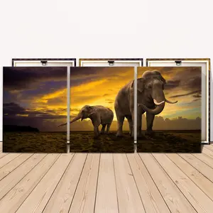 Wooden Framed Canvas Painting, 3 Counts Playful Elephant Pattern Wall Art, Wall Decor for Home Living Room Bedroom Office