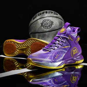 Men's High-Top Basketball Shoes - Purple & Gold Fashionable Breathable Durable Sports Shoes for Casual Outdoor Activities Anti-Slip Wear-Resistant All-Season Hoopshoes