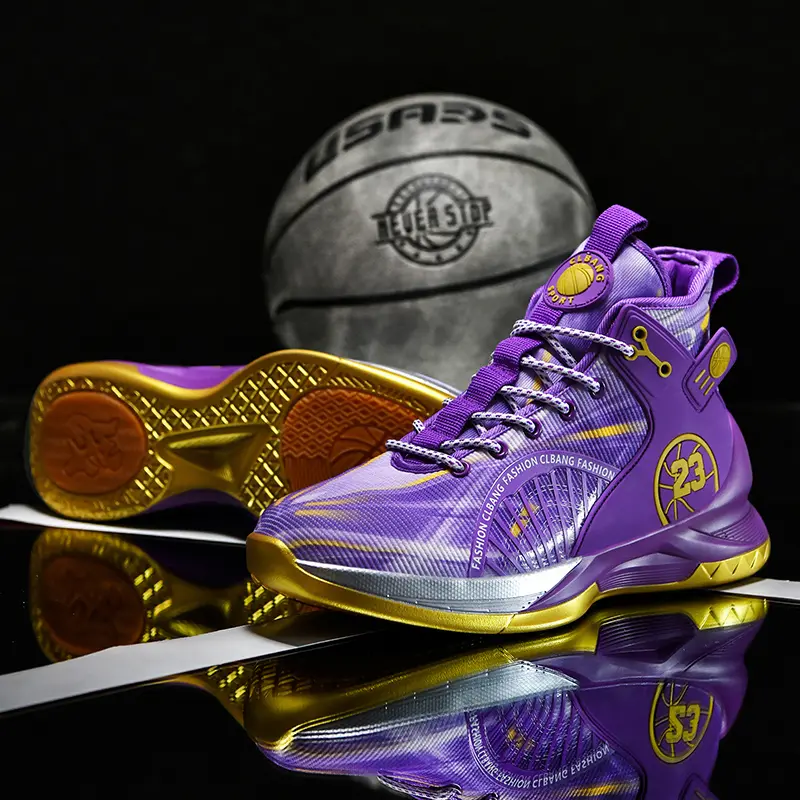 Men's High-Top Basketball Shoes - Purple & Gold Fashionable Breathable Durable Sports Shoes for Casual Outdoor Activities Anti-Slip Wear-Resistant All-Season Hoopshoes