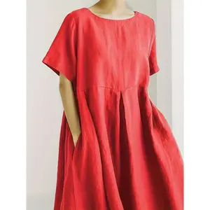 [Loose Fit Linen Dress] Spring/Summer Loose Fit Linen Peplum Ball Gown Midi Dress | Crew Neck, Short Sleeve, No Belt, Weekend Casual, A Fit Type, 148g/m² Fabric Weight, Woven Fabric, with Pullovers Placket