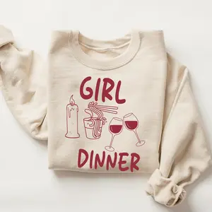 Girl Dinner Sweatshirt, Funny Food Shirt, Aesthetic Noodle Wine Sweater, Cozy Pink Pullover, Trendy TikTok Meme Sweater