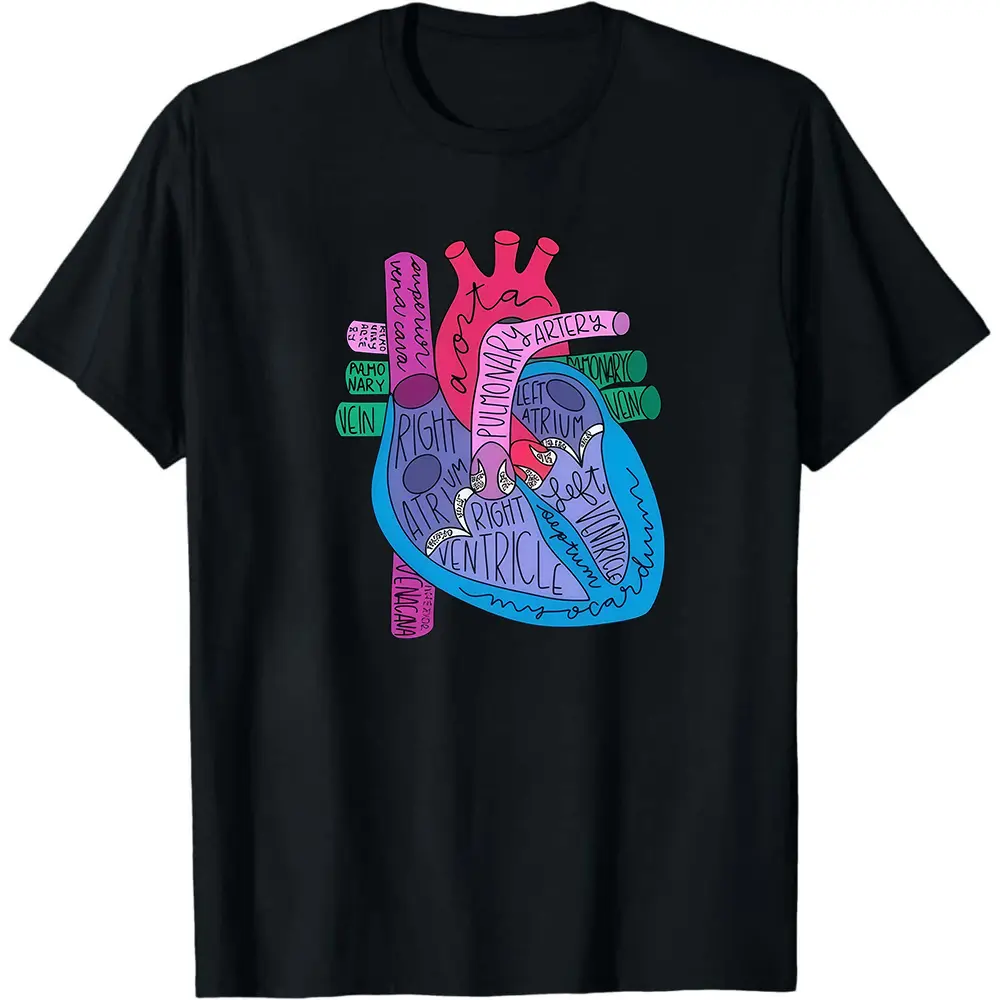 Men's Unisex 100% Cotton Short-Sleeve Casual T-Shirt with Anatomical Heart Graphic Print - Ideal for Nurses