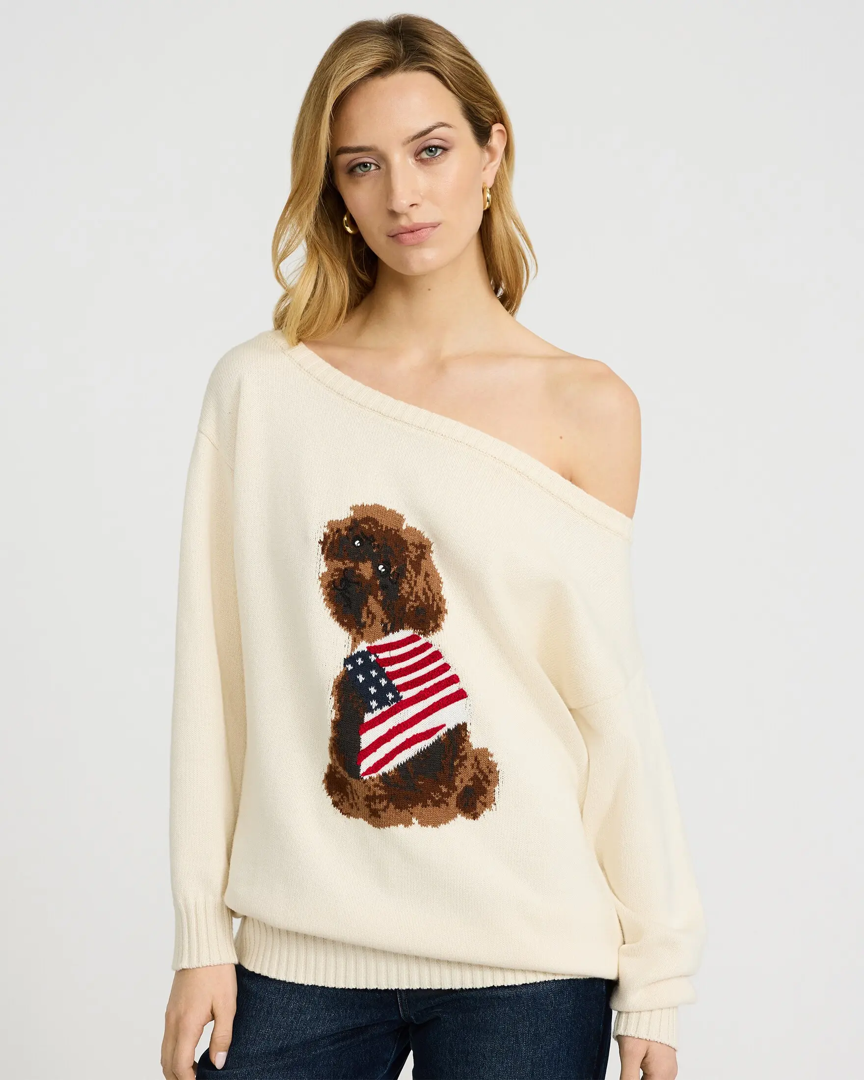 Express American Flag Dog Off The Shoulder Sweater Express American Flag Dog Off The Shoulder Sweater