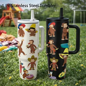 1 pc 40oz Cute Cartoon Monkey Print Tumbler with Handle & Straw, Insulated Stainless Steel Water Bottle for boys & girls, Large Capacity Leakproof Travel Mug, Insulated Travel Drinkware, Funny Gift Cup, Keeps Cold 24H Hot 12H