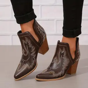 Womens Fashionable Chunky Heeled Ankle Boots - Retro Embroidery Slip-Ons with Pointed Toe and Western Flair - Trendy V-cut Short Boots for Effortless Style(Sheets)