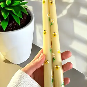 Little Bees Hand Painted Taper Candles Set, Decorative Candles with Flower and Bee Designs - Ornaments