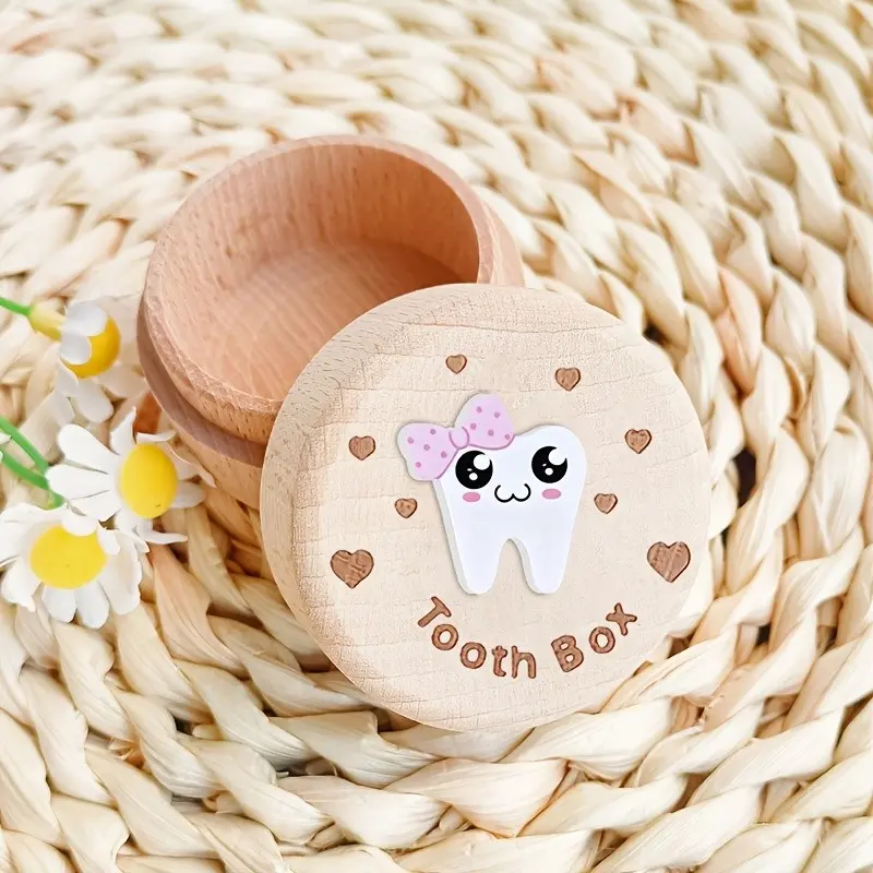 1 wooden tooth collection box with 3D pink bow and tooth pattern design, tooth preservation box, tooth storage box, tooth collection box, commemorative storage box, birth souvenir