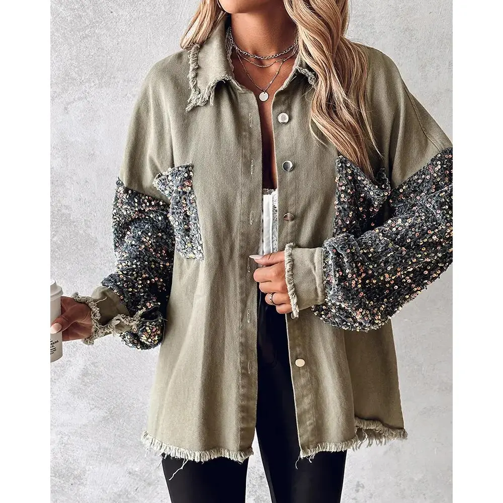 NewContrast Sequin Raw Hem Shacket luxury outerwear sequins hacket Collar Collared Women's Corduroy  shirt Women's Double Button Lapel Coat Oversized Cut Denim Bomber Jacket