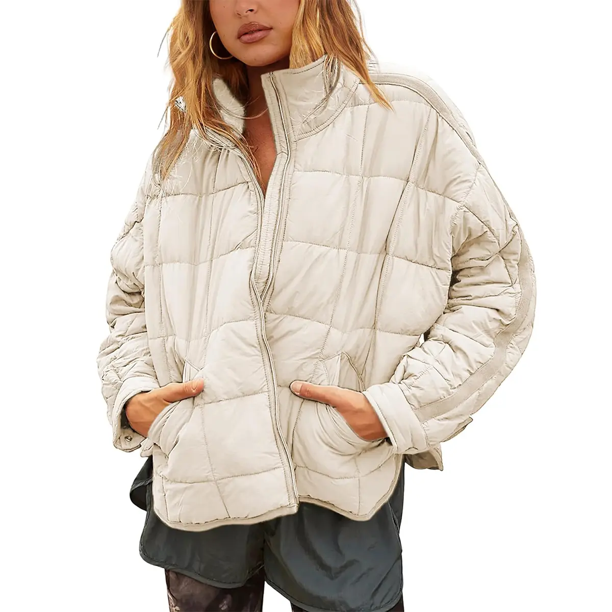 Mibbory Quilted Puffer Jacket for Women 2026 Winter Fashion Oversized Short Padded Coat | Stand Collar Full Zip Side Split Hem Button Cuffs Puffer Jacket with Pockets, Lightweight Packable Warm Outwear, Casual Trendy Winter Coat