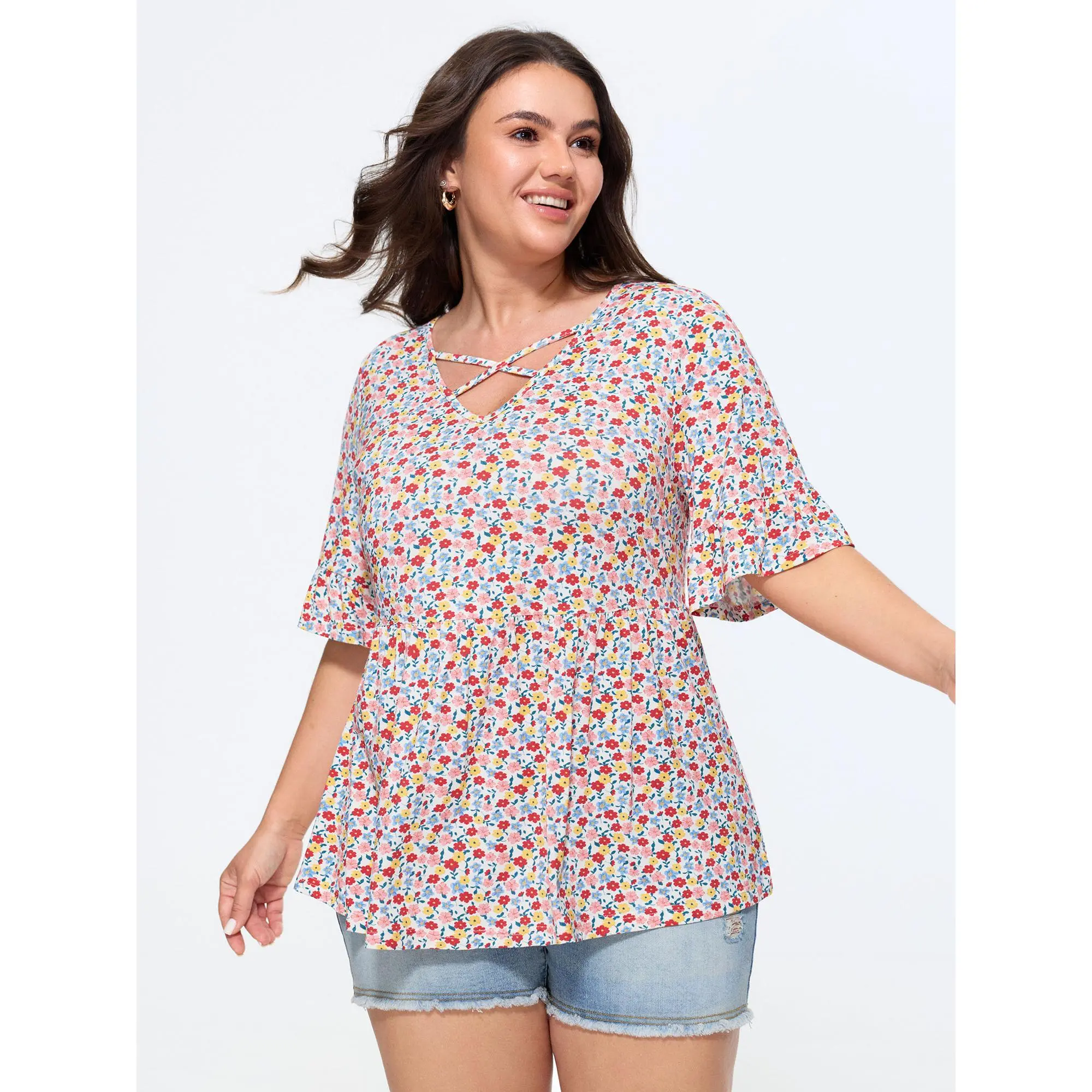 BLOOMCHIC Women's Plus Size Supersoft Stretchy Regular Length Blouse - Multicolor Ditsy Floral Print, Cut-Out Short-Sleeve, Rayon-Spandex Jersey Top [M-6X] 2026, for Summer Outfits, Vacation Looks, Cold Machine Wash