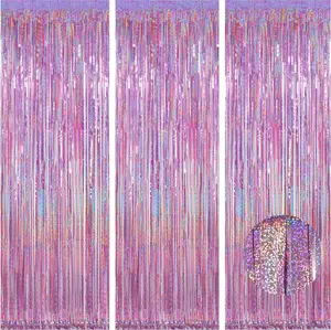 Easter Decorations for Home Melsan 3 Pack 3.2 x 8.2 ft Pinkish Purple Tinsel Fringe Curtain Backdrop, Sparkling Metallic Party Decorations